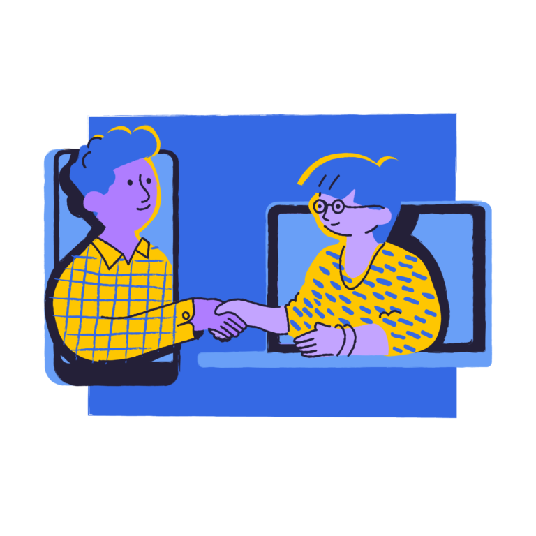 Illustration of two people shaking hands through a computer and cell phone screen